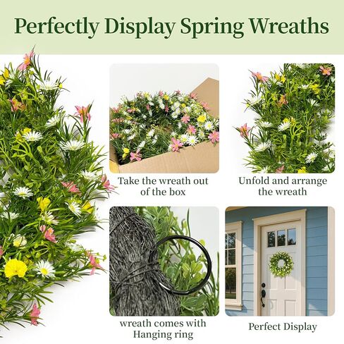 22" Spring Summer Wreath for Front Door, Artificial Floral Wreath with Pink Cosmos Yellow Chamomile White Daisies and Wild Grass, Indoor Outdoor Spring Summer Home Decor for Porch Window Wall in Saudi Arabia