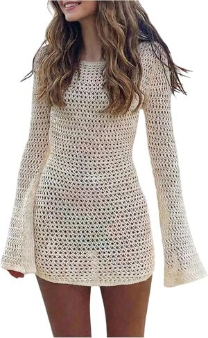 GORGLITTER Girl's Crochet Dress Swimsuit Coverup Long Sleeve Bikini Bathing Suit Cut Out Swim Suits Beach Cover Ups in Kuwait
