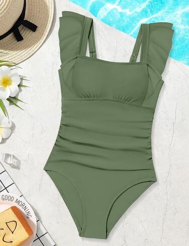 Qaoerde Girls One Piece Swimsuits Solid Color Ruffle Straps Bathing Suit Ruched Padded Girls' Swimwear for 9-16Y in Saudi Arabia