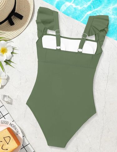 Qaoerde Girls One Piece Swimsuits Solid Color Ruffle Straps Bathing Suit Ruched Padded Girls' Swimwear for 9-16Y in Saudi Arabia