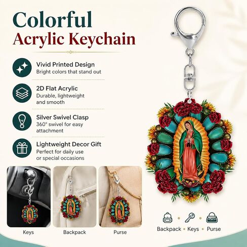Our Lady of Guadalupe Keychain for Women Men, Mexican Virgin Mary Backpack Charms, Catholic Gifts for Adults, Colorful Religious Keyring Decoration for Christmas Thanksgiving in Kuwait