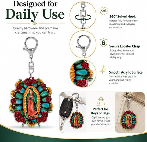 Our Lady of Guadalupe Keychain for Women Men, Mexican Virgin Mary Backpack Charms, Catholic Gifts for Adults, Colorful Religious Keyring Decoration for Christmas Thanksgiving in Kuwait