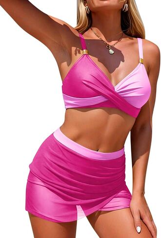 High Waisted Bikini Sets for Women Tummy Control Swimsuits Two Piece Bathing Suits Curvy Mesh Swim Skirts in Saudi Arabia
