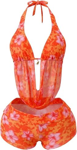 Verdusa Women's 2 Piece Floral Halter Bikini Set Draped Cheeky Bikini Tops with Booty Boy Shorts Vacation Outfits in Kuwait