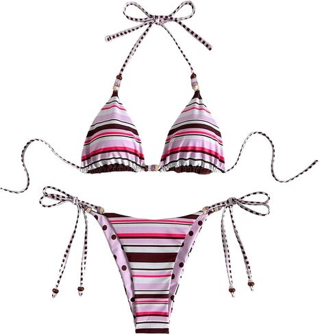 WDIRARA Women's Striped Halter Triangle Thong Bikini Sets 2 Piece Swimsuit Tie Side Bathing Suit in Kuwait