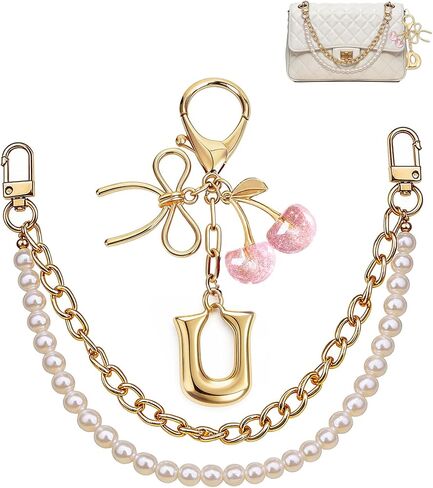 Cherry Bag Charms Keychain - 2 Pcs Cute Initial Bow Keyring Pearl Chain Women Birthday Gifts Purse Charm for Handbags in Saudi Arabia