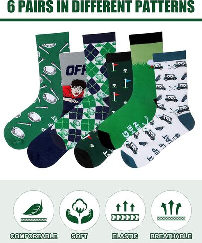 6 Pairs Funny Golf Socks for Men Novelty Casual Crew Socks Accessories Father's Day Birthday Holiday Stocking Stuffer for Golfers Golf Lover in Kuwait