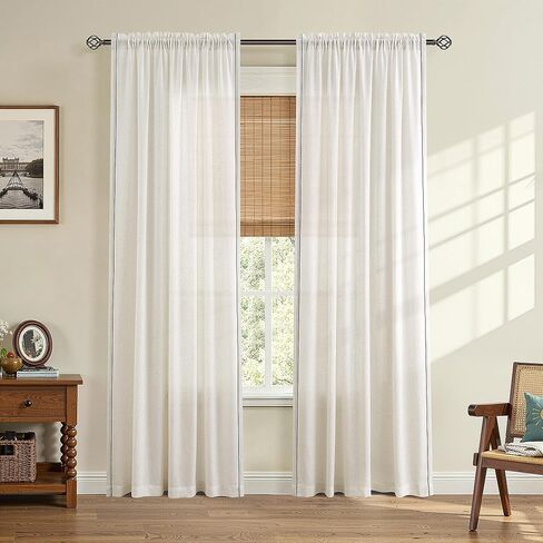 Linen Curtains 84 Inches Length 2 Panels for Living Room Bedroom Semi Sheer Light Filtering Privacy Rod Pocket Window Drapes with Black Trim Cream Natural Ivory Beige Modern Boho Farmhouse, 52x84 in Saudi Arabia