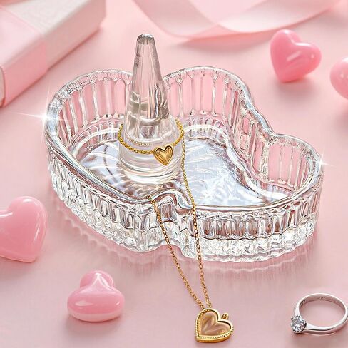 kanpura Double Heart Shape Decorative Ring Tray Crystal Glass Trinket Tray Jewelry Dish Organizing Necklace Earrings Birthday Mother's Day Gifts for Mom Best Friend Sister, Clear in Kuwait