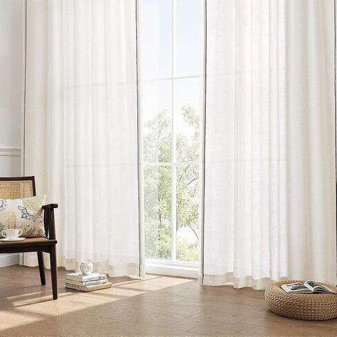 Linen Curtains 84 Inches Length 2 Panels for Living Room Bedroom Semi Sheer Light Filtering Privacy Rod Pocket Window Drapes with Black Trim Cream Natural Ivory Beige Modern Boho Farmhouse, 52x84 in Saudi Arabia