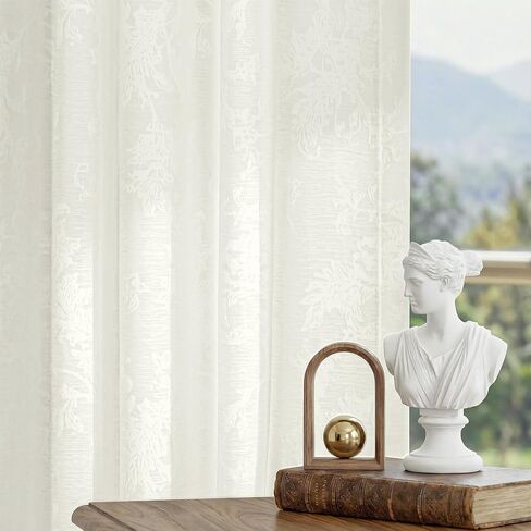 FMFUNCTEX Beige Semi Sheer Curtains for Bedroom, Floral Jacquard Voile Light Filtering Privacy Curtains 84 Inches Long for Living Room, Voile Light Filtering Privacy Window Drapes Rod Pocket 2 Panels in Kuwait