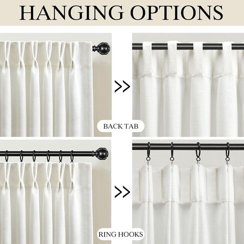 Pinch Pleated Linen Light Filtering Curtains 84 Inch Length, 2 Panels Textured Boho Neutral Drapes for Living Room Bedroom Back Tab Window Curtains with Hooks, White in Saudi Arabia