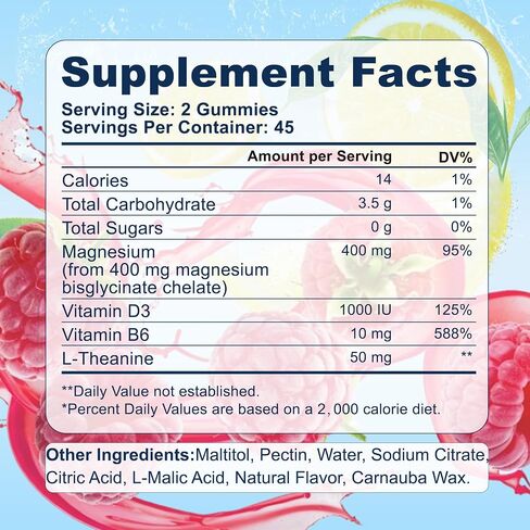 Magnesium Bisglycinate Gummies 400mg Chelated Magnesium with Vitamin D3 B6 and L-Theanine Sleep Support Calm, Muscle Relaxation Bone Health, 90 Gummies| 45 Day Supply, Lemon Raspberry Flavor in Saudi Arabia