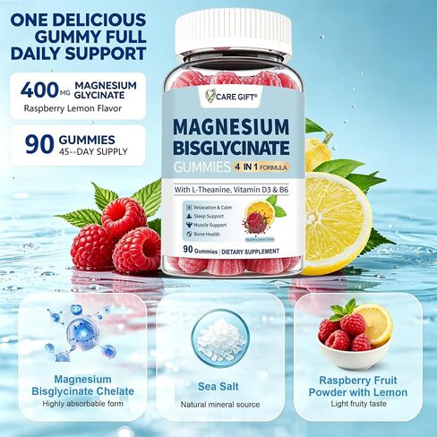Magnesium Bisglycinate Gummies 400mg Chelated Magnesium with Vitamin D3 B6 and L-Theanine Sleep Support Calm, Muscle Relaxation Bone Health, 90 Gummies| 45 Day Supply, Lemon Raspberry Flavor in Saudi Arabia