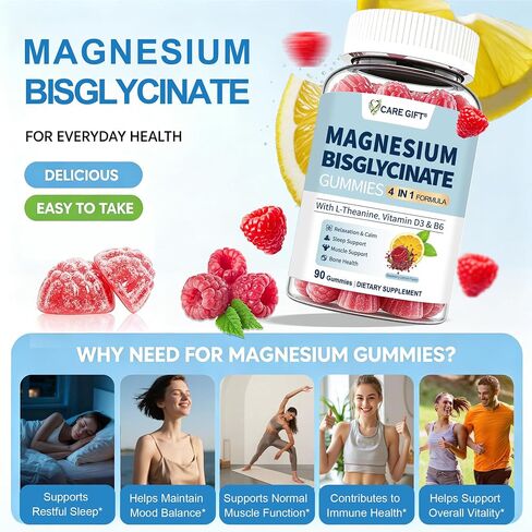 Magnesium Bisglycinate Gummies 400mg Chelated Magnesium with Vitamin D3 B6 and L-Theanine Sleep Support Calm, Muscle Relaxation Bone Health, 90 Gummies| 45 Day Supply, Lemon Raspberry Flavor in Saudi Arabia