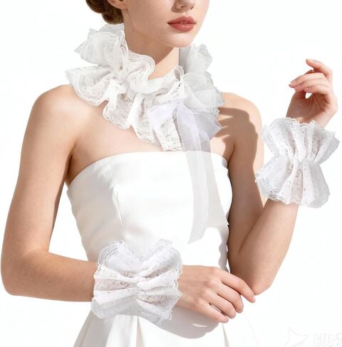 XEPST Lace Neck Ruffle Collar and Wrist Cuffs Set, Victorian Layered Neck Ruffle Collar For Fancy Dress Renaissance Clown Costume Accessories - White in Kuwait