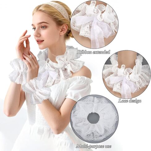 XEPST Lace Neck Ruffle Collar and Wrist Cuffs Set, Victorian Layered Neck Ruffle Collar For Fancy Dress Renaissance Clown Costume Accessories - White in Kuwait