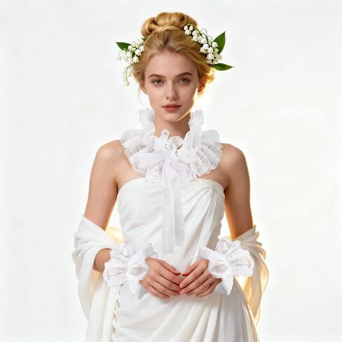 XEPST Lace Neck Ruffle Collar and Wrist Cuffs Set, Victorian Layered Neck Ruffle Collar For Fancy Dress Renaissance Clown Costume Accessories - White in Kuwait
