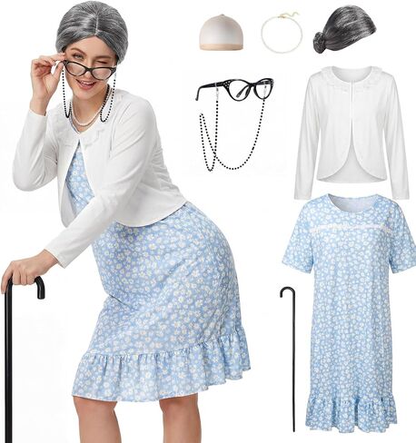 Yi-gog Women Old Lady Costume Grandma Dress Cardigan Wig Glasses Accessories Set Halloween Granny Cosplay Outfits Dress Up in Saudi Arabia