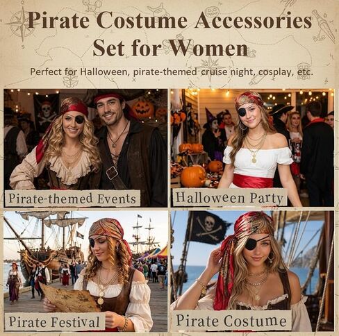 AKTVSHOW Pirate Costume Women Accessories Set: Red Head Scarf Sash Layered Metal Necklace, Halloween Pirate Outfits Cosplay in Kuwait
