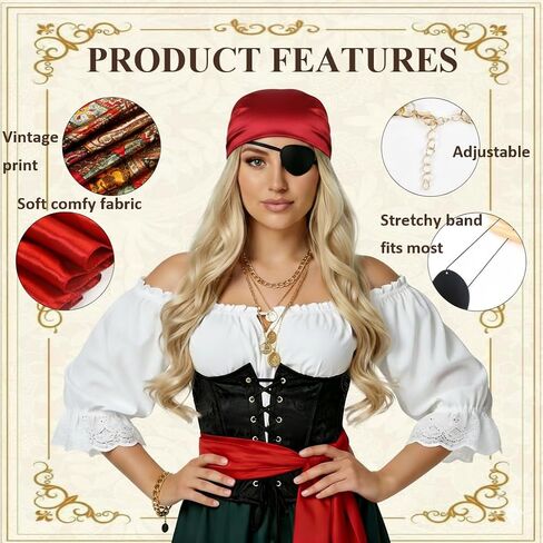 AKTVSHOW Pirate Costume Women Accessories Set: Red Head Scarf Sash Layered Metal Necklace, Halloween Pirate Outfits Cosplay in Kuwait