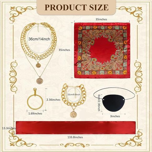 AKTVSHOW Pirate Costume Women Accessories Set: Red Head Scarf Sash Layered Metal Necklace, Halloween Pirate Outfits Cosplay in Kuwait