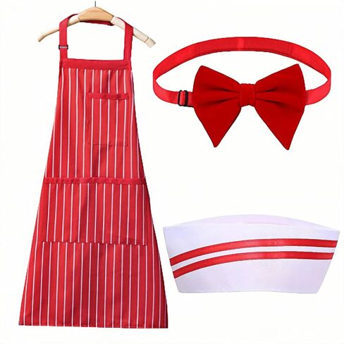 Waiter Costume Kit, 3 Pcs 1950s Soda Jerk Costume Kit Red and White Striped Apron with 2 Pockets Chef Hat Red Bow Ties Adjustable for Adult Costume Cosplay Party in Saudi Arabia