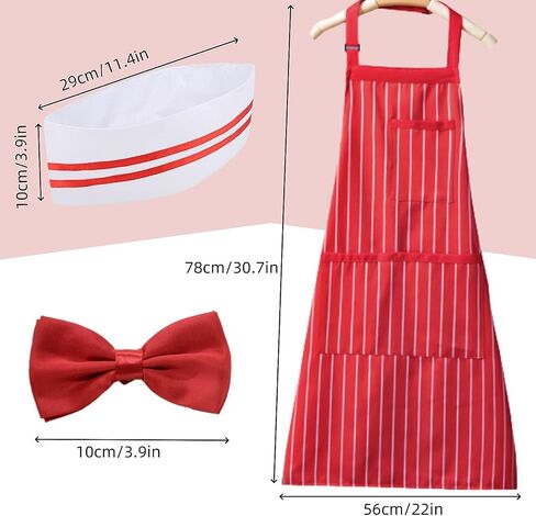 Waiter Costume Kit, 3 Pcs 1950s Soda Jerk Costume Kit Red and White Striped Apron with 2 Pockets Chef Hat Red Bow Ties Adjustable for Adult Costume Cosplay Party in Saudi Arabia
