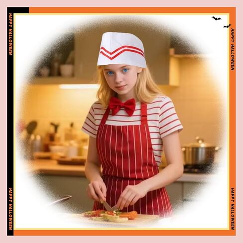 Waiter Costume Kit, 3 Pcs 1950s Soda Jerk Costume Kit Red and White Striped Apron with 2 Pockets Chef Hat Red Bow Ties Adjustable for Adult Costume Cosplay Party in Saudi Arabia