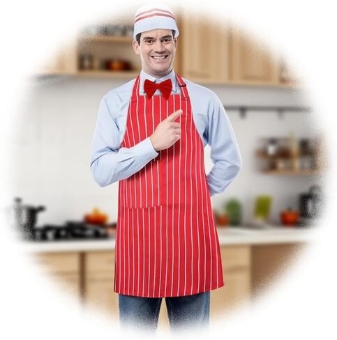 Waiter Costume Kit, 3 Pcs 1950s Soda Jerk Costume Kit Red and White Striped Apron with 2 Pockets Chef Hat Red Bow Ties Adjustable for Adult Costume Cosplay Party in Saudi Arabia