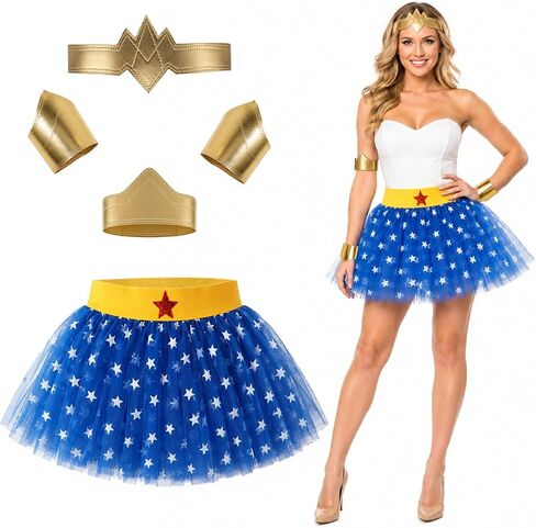 5PCS Halloween Costumes for Women Adult, Movie Costumes with Gold Tiara, Wrist Guards, Bracelets, Blue-Star Print Miniskirt in Saudi Arabia