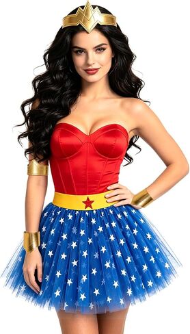 5PCS Halloween Costumes for Women Adult, Movie Costumes with Gold Tiara, Wrist Guards, Bracelets, Blue-Star Print Miniskirt in Saudi Arabia
