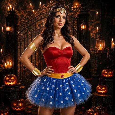 5PCS Halloween Costumes for Women Adult, Movie Costumes with Gold Tiara, Wrist Guards, Bracelets, Blue-Star Print Miniskirt in Saudi Arabia