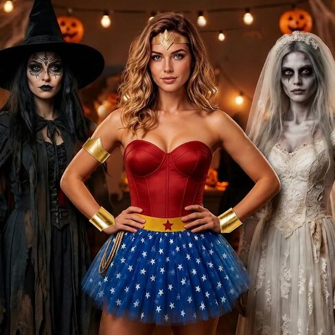 5PCS Halloween Costumes for Women Adult, Movie Costumes with Gold Tiara, Wrist Guards, Bracelets, Blue-Star Print Miniskirt in Saudi Arabia