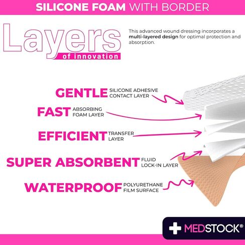 MEDSTOCK Silicone Foam Heel & Joint Dressing with Border, 5"x8" (Pack of 5), Wound Care, Diabetic Foot & Ulcer Dressing, High Absorbence, 5 Layers, Easy to Remove & Reapply in Saudi Arabia