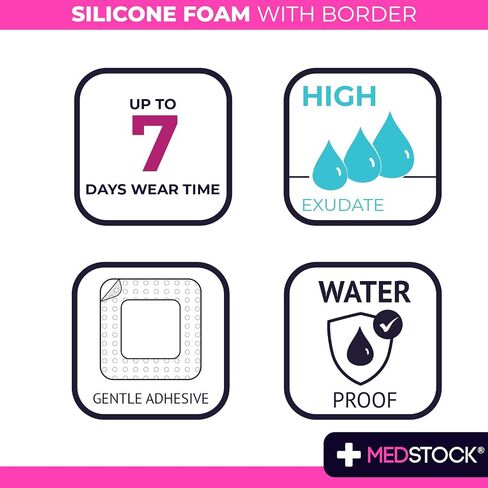 MEDSTOCK Silicone Foam Heel & Joint Dressing with Border, 5"x8" (Pack of 5), Wound Care, Diabetic Foot & Ulcer Dressing, High Absorbence, 5 Layers, Easy to Remove & Reapply in Saudi Arabia