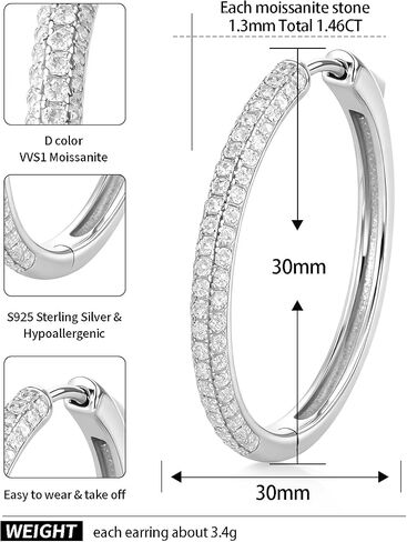 RINEY&KY 30MM Moissanite Earrings Moissanite Hoop Earrings for Women 18K White Gold Plated Lab Created Diamond Hoops Round Iced Out 3Rows Thin Lightweight Large Sliver S925 Hoops 1.46CT VVS1 D Certified in Saudi Arabia