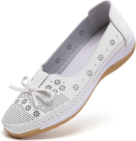 Women's Microfiber Leather Loafers - Thick Sole Perforated Flats with Bow, Comfortable Lightweight Walking Shoes for Casual Business Work in Saudi Arabia