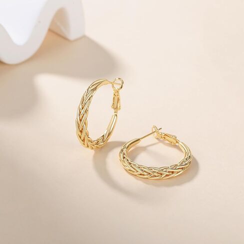 14K Gold Hoop Earrings for Women Weave Design Gold Hoop Earrings Classic & Timeless Earrings Women Everyday Mother’s Day Gifts in Kuwait