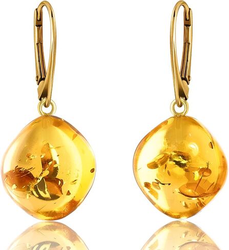 Leverback Dangle Earrings for Women – Gold-Plated 925 Silver Drop Earrings with Natural Yellow Baltic Amber Piece, Lightweight Jewelry with Secure Closure for Everyday Elegance in Saudi Arabia