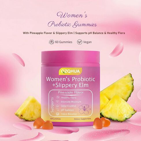 Women's Probiotics Gummies with Slippery Elm – Vaginal Health, Gut Health & pH Balance Support, Pineapple Flavor – Gluten Free, Vegan (30 Servings)（Q2） in Kuwait