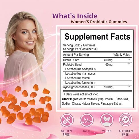 Women's Probiotics Gummies with Slippery Elm – Vaginal Health, Gut Health & pH Balance Support, Pineapple Flavor – Gluten Free, Vegan (30 Servings)（Q2） in Kuwait