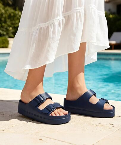 shevalues Women’s Platform Sandals with Arch Support, Lightweight Cloud Slides with Adjustable Double Buckle, Blue 39 in Kuwait