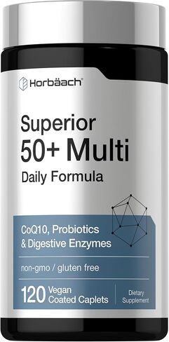 Horbäach Multivitamin for Men and Women Over 50 | 120 Caplets | Daily Supplement for Adults | with Coq10, Probiotics & Digestive Enzymes | Vegan, Non-GMO, Gluten Free Formula in Saudi Arabia