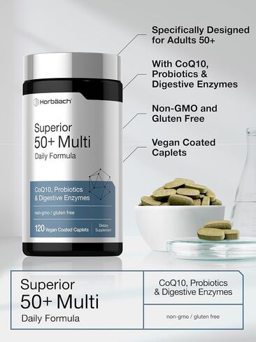 Horbäach Multivitamin for Men and Women Over 50 | 120 Caplets | Daily Supplement for Adults | with Coq10, Probiotics & Digestive Enzymes | Vegan, Non-GMO, Gluten Free Formula in Saudi Arabia