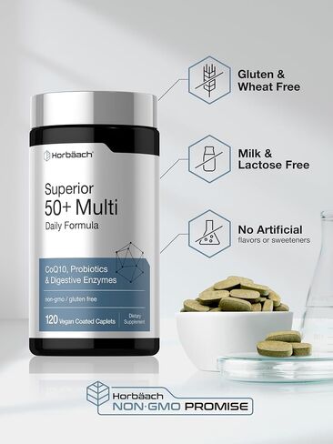 Horbäach Multivitamin for Men and Women Over 50 | 120 Caplets | Daily Supplement for Adults | with Coq10, Probiotics & Digestive Enzymes | Vegan, Non-GMO, Gluten Free Formula in Saudi Arabia