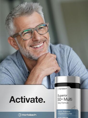 Horbäach Multivitamin for Men and Women Over 50 | 120 Caplets | Daily Supplement for Adults | with Coq10, Probiotics & Digestive Enzymes | Vegan, Non-GMO, Gluten Free Formula in Saudi Arabia