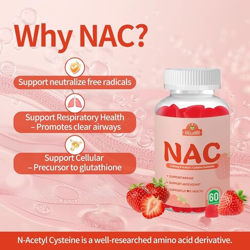 NAC Gummies 1200mg for Adults,Support Immune Support Liver & Lung Health,Sugar-Free, Strawberry Flavor, 60 Counts in Kuwait