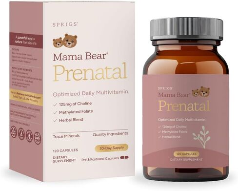 SPRIGS Mama Bear Prenatal Gold Multivitamin with Methylated Folate & Choline, Easy to Digest Prenatal Vitamins for Women, Clean Herbal Blend Pregnancy Support Supplement, 120 Capsules in Saudi Arabia