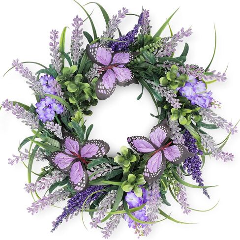 Spring Lavender Wreaths for Front Door 15 inch, Summer Purple Door Wreath with Butterflies and Greenery, All Season Artificial Wreath Decoration for Home Wall Window Farmhouse Indoor Outdoor in Saudi Arabia